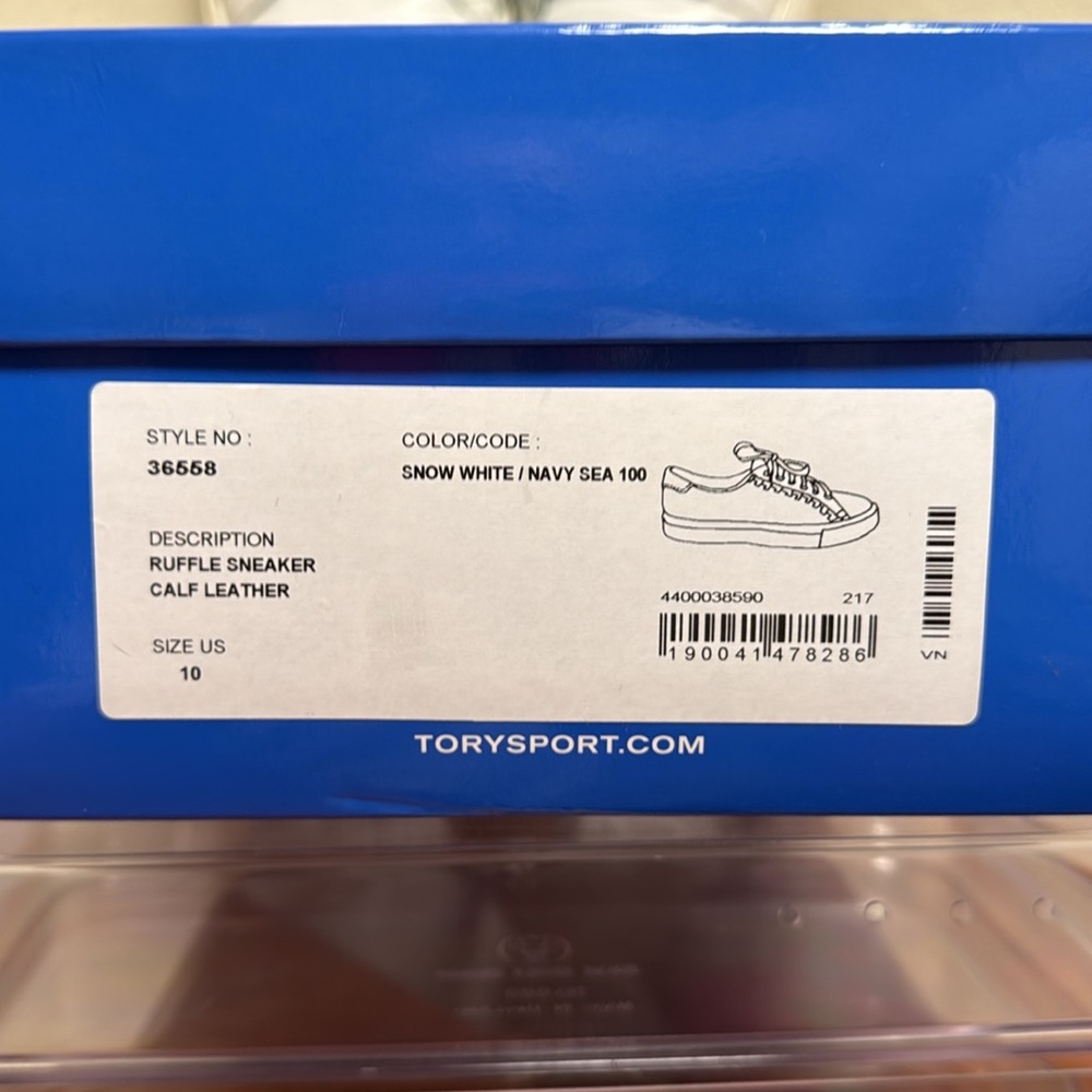 Tory Burch Women’s Ruffle Leather Sneaker, White and Navy, size 10 - Picture 13 of 13